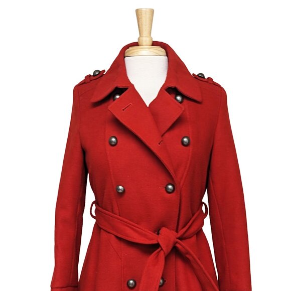 ROTHCHILD Long Wool-Blend Military-Style Trench Coat w/ Belt - Picture 3 of 7